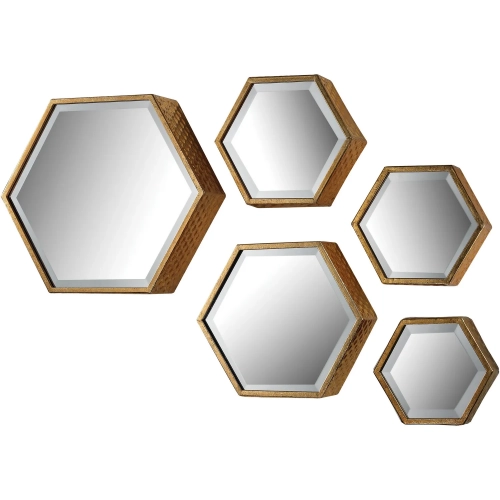 Hexagonal Wall Mirror 5 Piece Set in Gold Aluminum
