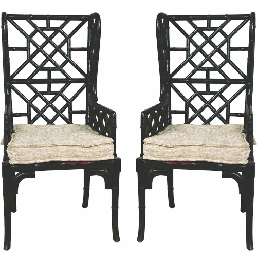 Bamboo Dining Accent Chair in Black Mahogany Wood & Beige Fabric (Set of 2)