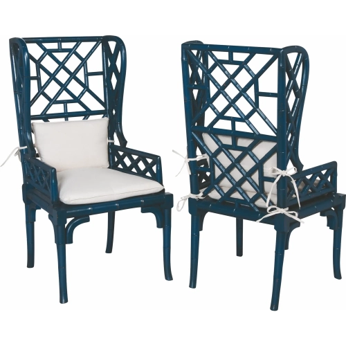 Bamboo Dining Accent Chair in Navy Blue Mahogany & Off White Fabric (Set of 2)