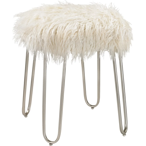 Betty Vanity Stool in White Faux Fur & Silver Iron