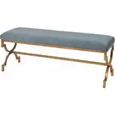Comtesse 54" Bench in Antique Gold Iron Metal & Blue Linen
