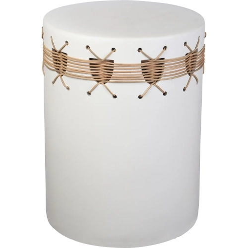 Sabira Accent Stool in White Glazed Earthenware & Natural Rattan