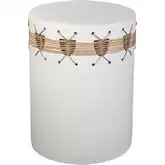 Sabira Accent Stool in White Glazed Earthenware & Natural Rattan