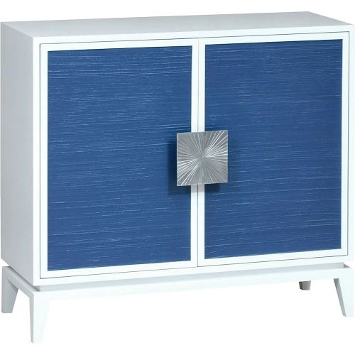 Asanso 2 Door Cabinet in White Wood, Blue Wicker &Silver Metal