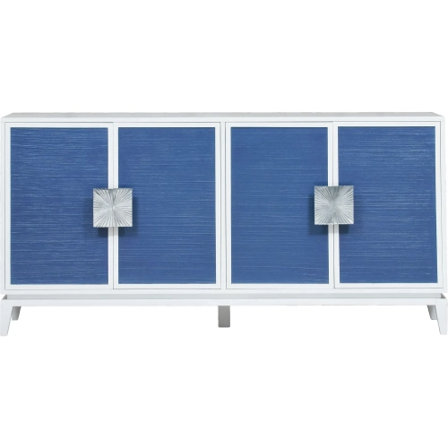 Asanso 4 Door Credenza in White Wood, Blue Wicker &Silver Metal