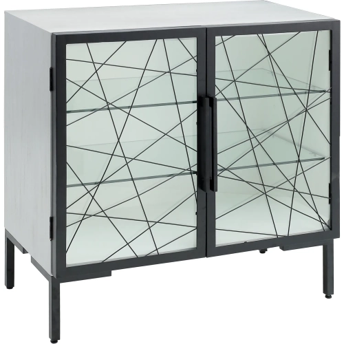 Checkmate 2 Door Cabinet in White Wood, Black Iron & Mirror