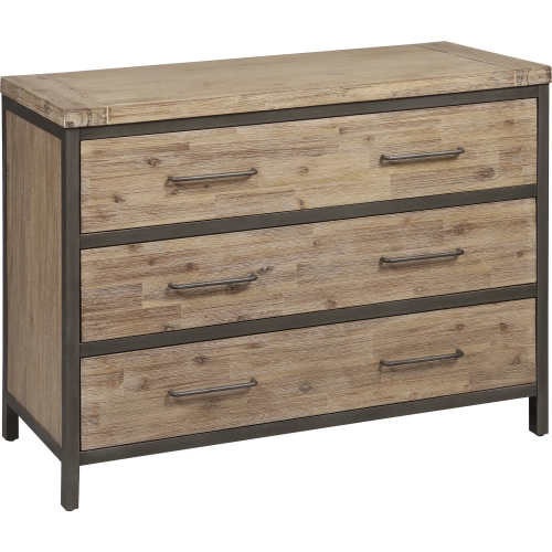 Cork County 3 Drawer Chest in Brushed Natural Acacia Wood & Weathered Zinc Iron