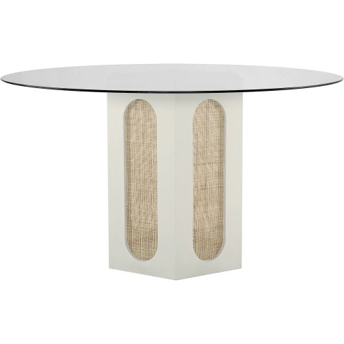 Clearwater 54" Round Dining Table in Shoji White Wood, Rattan & Tempered Glass