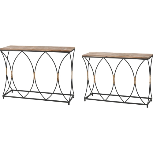 Fisher Island Console Table 2 Piece Set in Natural Wood, Rattan & Black Iron