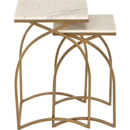 Graven Accent Side Table 2 Piece Set in Gold Iron & White Marble