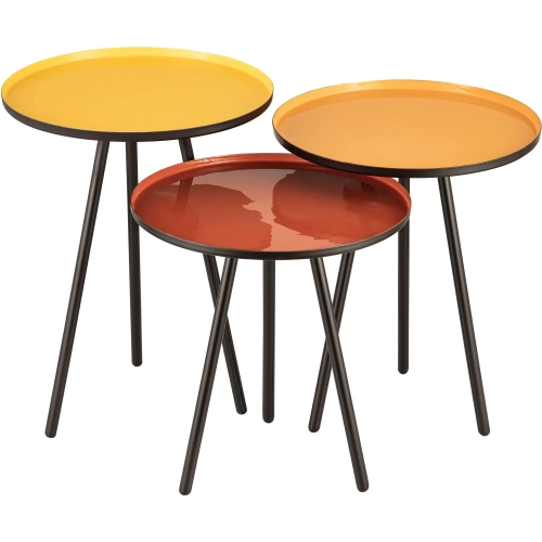 Gregg Accent Side Table 3 Piece Set in Yellow, Orange & Red Enamel & Black Iron