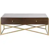 Guilford Coffee Table in Mahogany Finish Wood Veneer & Satin Brass Iron