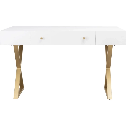 Guilford Desk in White Wood Veneer & Satin Brass Iron