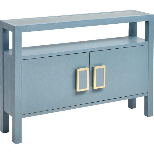 Hawick Console Table in Aged Blue Wood Veneer & Tempered Glass