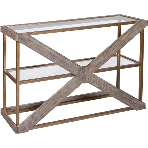 Jordrock Console Table in Gold, Gray Wash Wood & Clear Glass