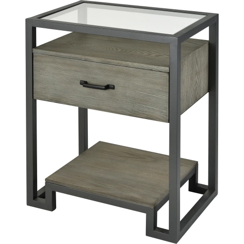 Mezzanine Accent Side Table in Reclaimed Gray Wood, Tempered Glass & Iron