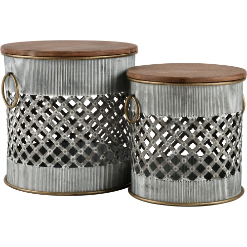 Parla Storage Side Table 2 Piece Set in Galvanized Steel & Fir Wood