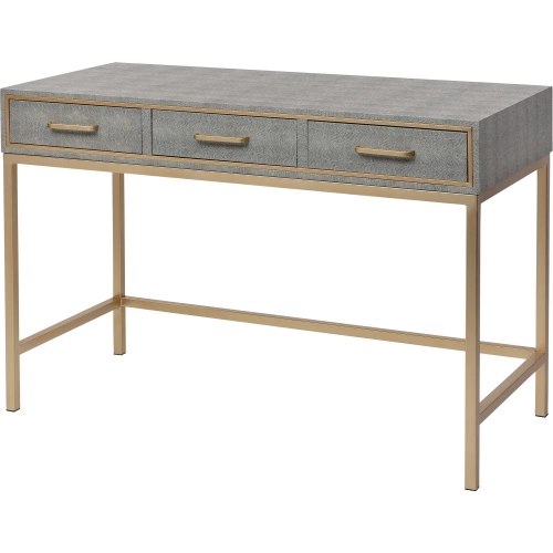 Sands Point 3 Drawer Desk in Gray Faux Shagreen & Gold Iron