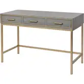 Sands Point 3 Drawer Desk in Gray Faux Shagreen & Gold Iron