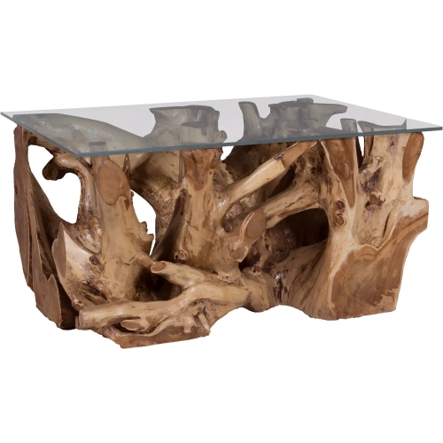 Teak Root Coffee Table in Natural Teak Wood & Clear Glass