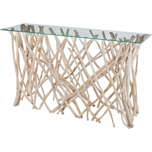 Teak Root Console Table in Bleached Teak Wood & Clear Glass