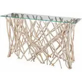 Teak Root Console Table in Bleached Teak Wood & Clear Glass