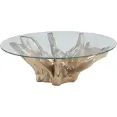 Yava Coffee Table in Champagne Gold Teak & Clear Glass