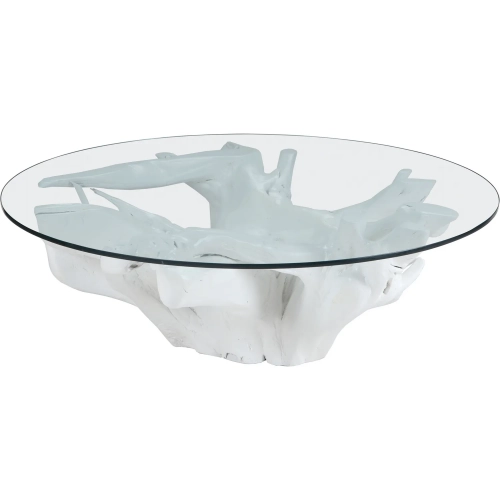 Yava Coffee Table in White Teak & Clear Glass
