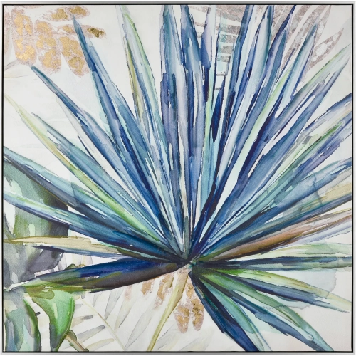 Garden Palm Framed Canvas Painting Wall Art in Blue and Multicolor