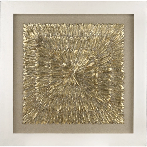 Gold Feather Square Dimensional Wall Art in Gold & Cream