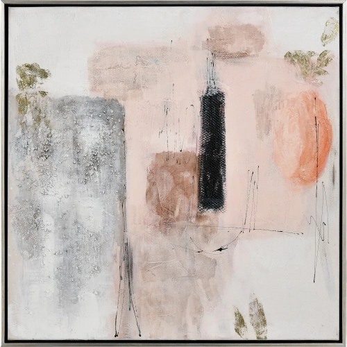 Modern Blush I Framed Canvas Painting Wall Art in White, Pink & Champagne Silver