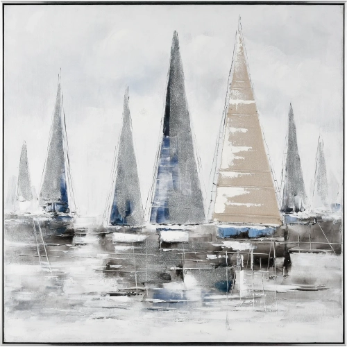 Weekend on the Lake Framed Canvas Painting Wall Art in White, Gray & Silver