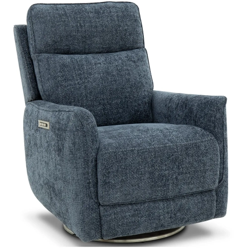 Maben Triple Power Swivel Recliner with Power Head Rest & Lumbar in Denim Blue Fabric