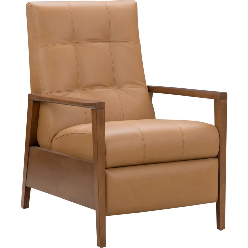 Bridget Push Thru the Arms Recliner in Tufted Brandy Brown Leather & Wood