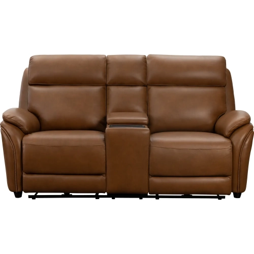 Corry Triple Power Reclining Console Loveseat with Charging in Saddle Brown Top Grain Leather