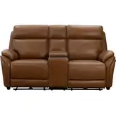 Corry Triple Power Reclining Console Loveseat with Charging in Saddle Brown Top Grain Leather