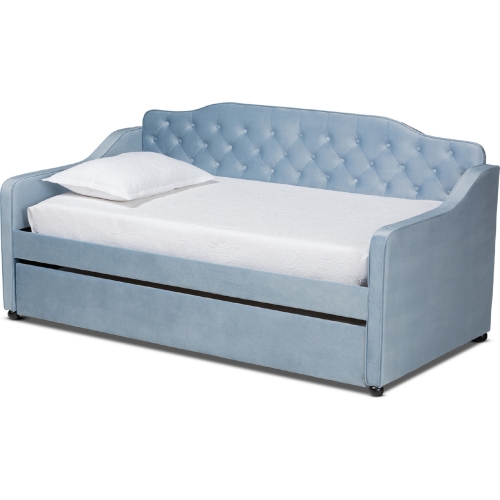Freda Twin Daybed with Trundle in Tufted Light Blue Velvet