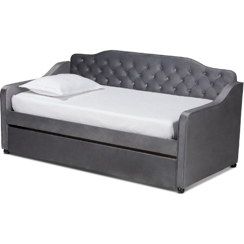 Freda Twin Daybed with Trundle in Tufted Gray Velvet