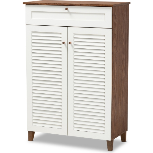 Coolidge 5 Shelf Shoe Storage Cabinet with Drawer in White & Walnut