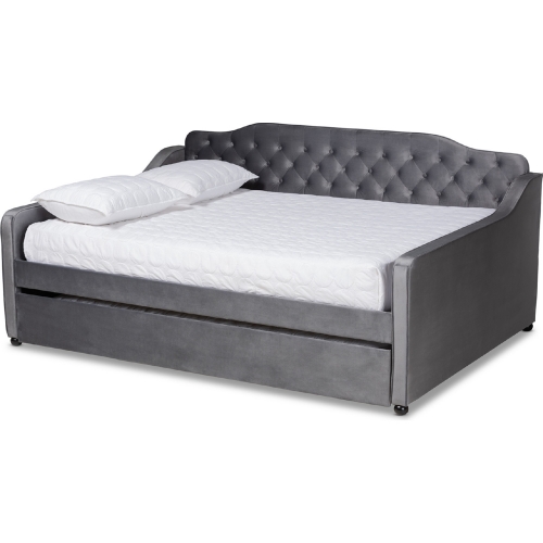 Freda Full Daybed with Trundle in Tufted Gray Velvet