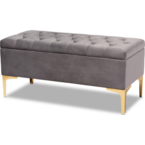 Valere Storage Ottoman in Tufted Gray Velvet & Gold Metal