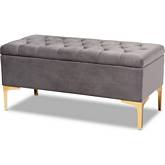 Valere Storage Ottoman in Tufted Gray Velvet & Gold Metal