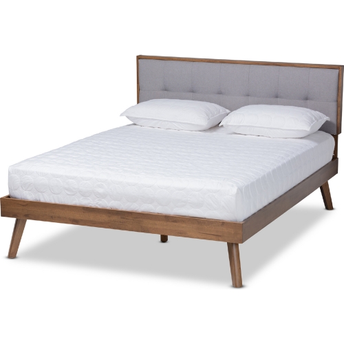 Alke King Platform Bed in Light Gray Fabric & Walnut Finish Wood