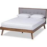 Alke Full Platform Bed in Light Gray Fabric & Walnut Finish Wood