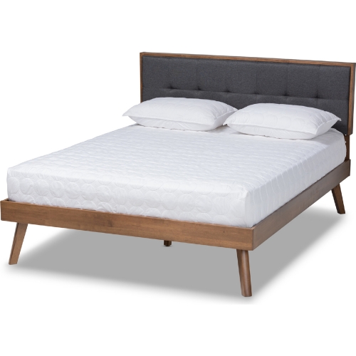 Alke Queen Platform Bed in Dark Gray Fabric & Walnut Finish Wood