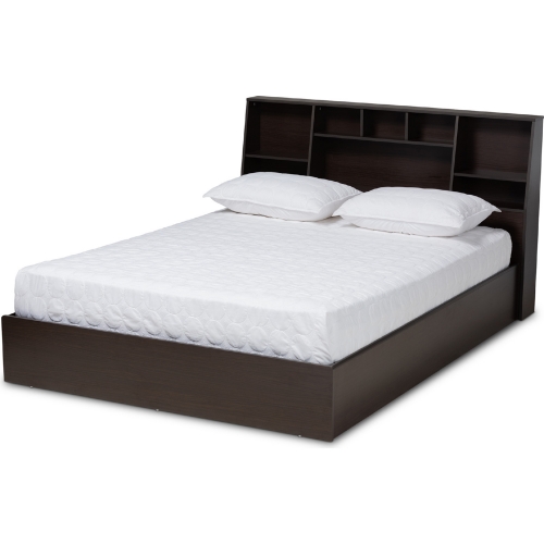 Geoffrey Queen Platform Storage Bed with Shelves in Dark Brown Wood