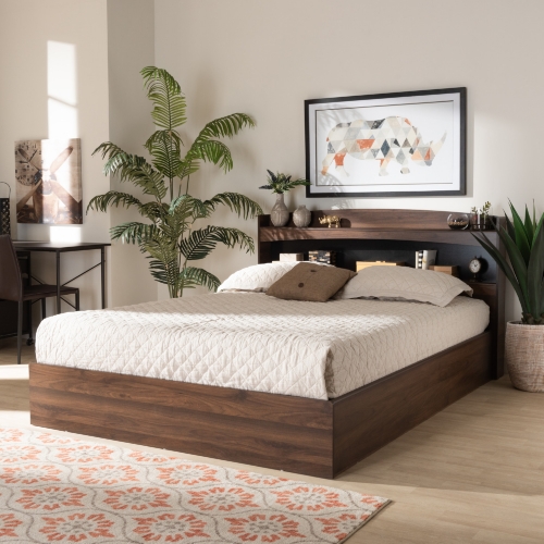 Christopher Queen Platform Bed with Shelves in Walnut Finish
