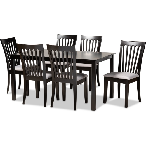 Minette 7 Piece Dining Set in Gray Fabric & Espresso Wood