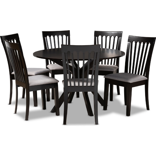 Lore 7 Piece Dining Set in Gray Fabric & Dark Wood