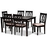 Reneau 7 Piece Dining Set in Sand Fabric & Espresso Finish